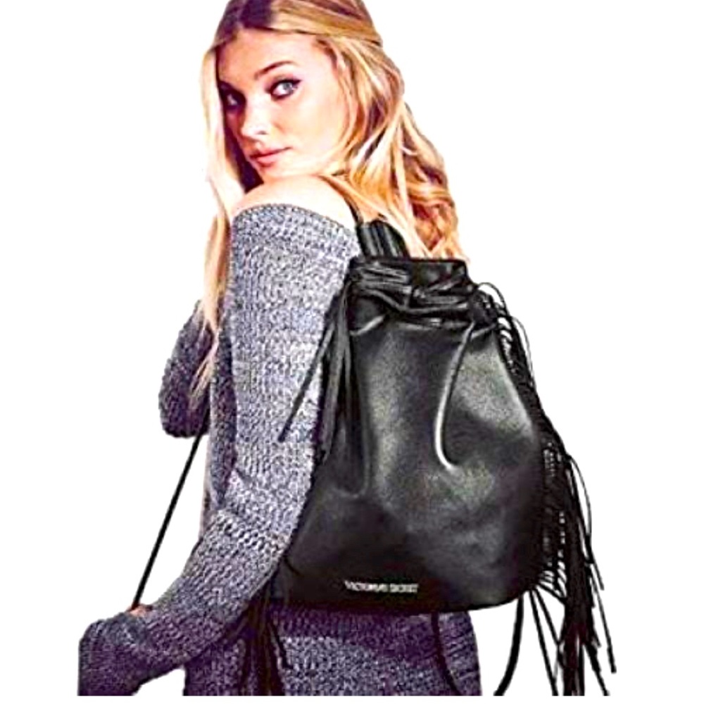 Victoria`s Secret Black Purse Fringed Vintage Boho Backpack NWOT